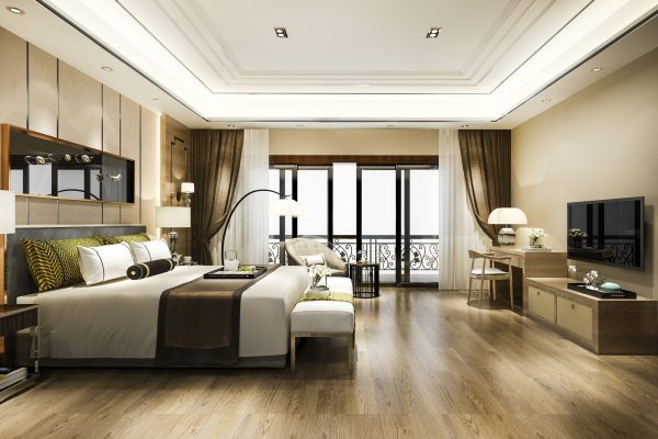 3d rendering luxury bedroom suite in resort high rise hotel with working table