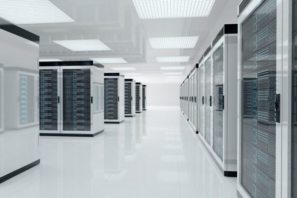 White servers data center room with computers and storage systems 3D rendering